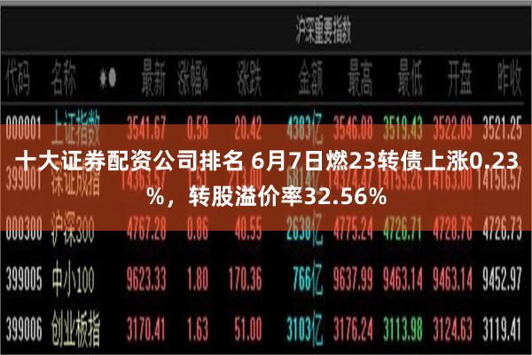 十大证券配资公司排名 6月7日燃23转债上涨0.23%，转股溢价率32.56%